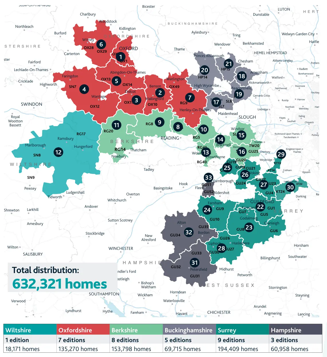 Map of the 33 Round & About magazine edition areas across Wiltshire, Oxfordshire, Berkshire, Buckinghamshire, Surrey and Hampshire