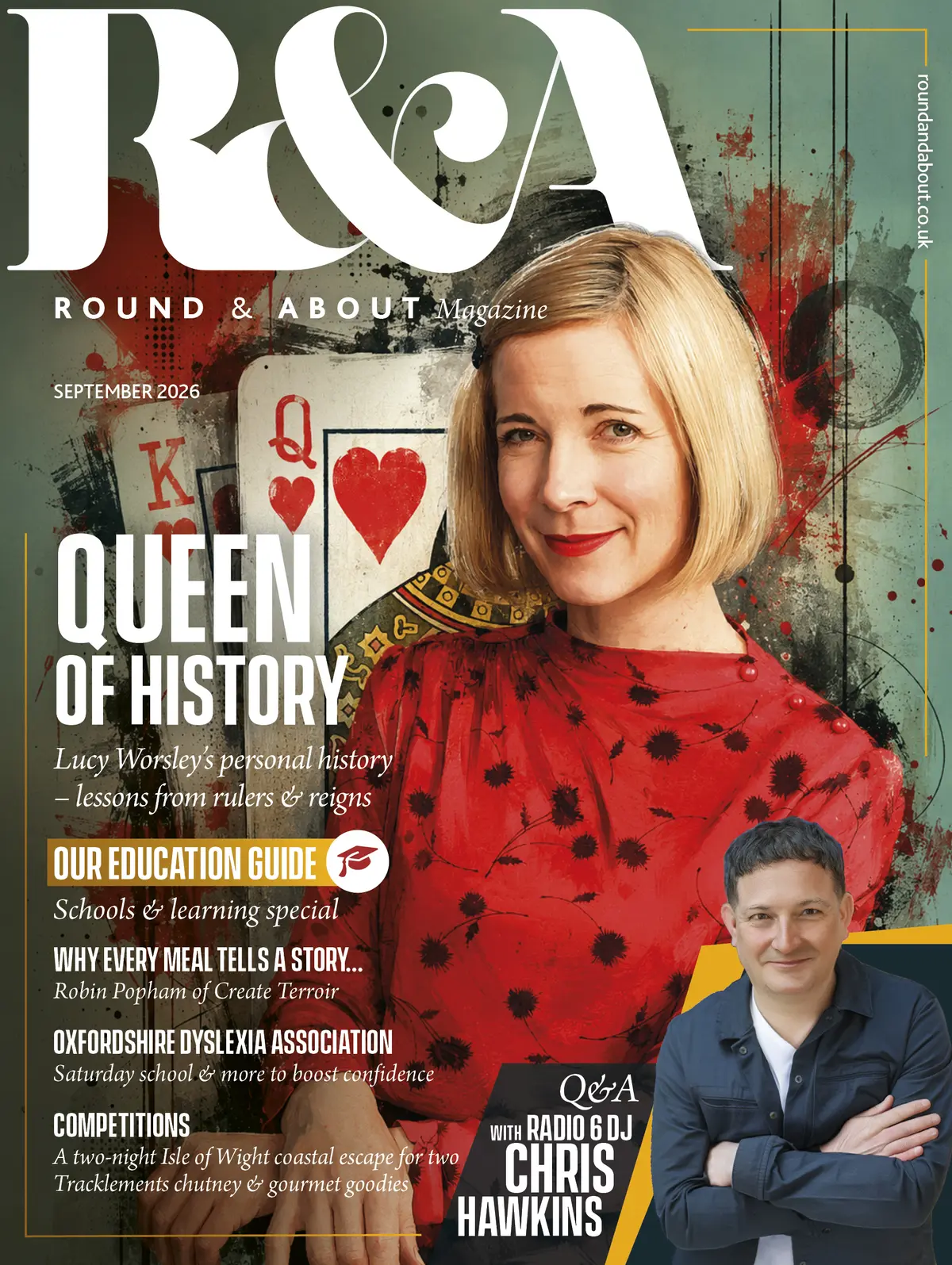 September 2026 Round & About Magazine front cover featuring Lucy Worsley and Chris Hawkins